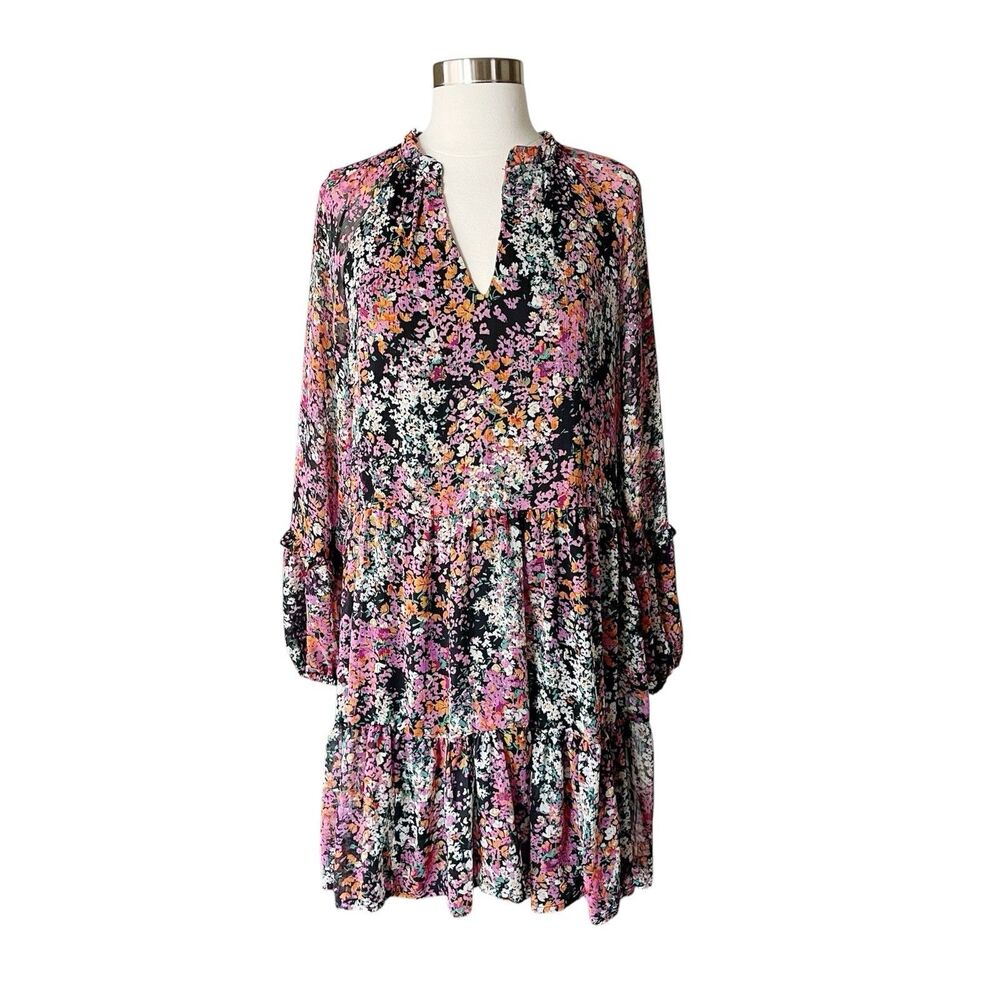 Vince Camuto Mini Dress L Floral Print Tiered Ruffle Long Sheer Sleeve Boho